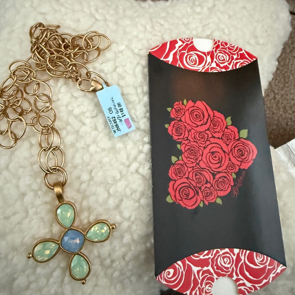Brighton Gold-tone Necklace with Mint Green and Light Blue Stone Cross Pendant